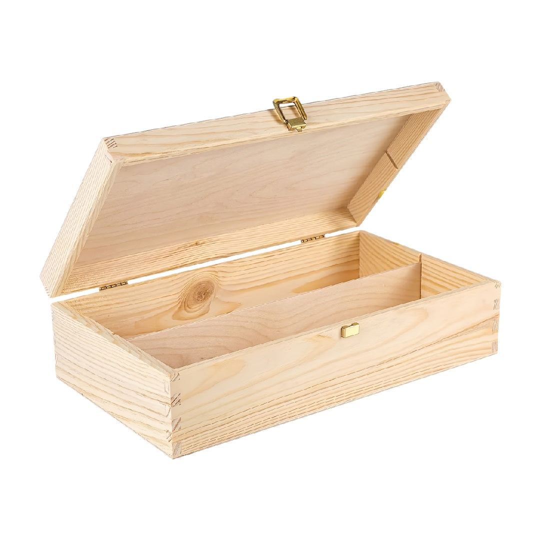 Solid Wood Storage Box with Hinged Lid, Metal Latch, and Interior Divider, Natural Finish