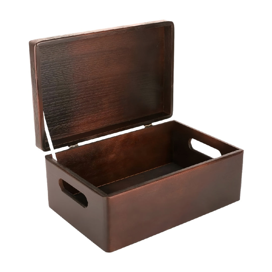 Dark Walnut Stained Wooden Keepsake Box with Hinged Lid and Handles