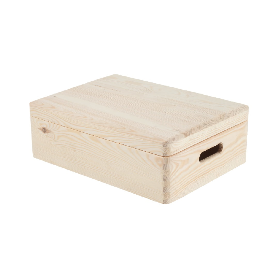 Solid Wood Storage Box with Lid, Natural Finish, Side Handle