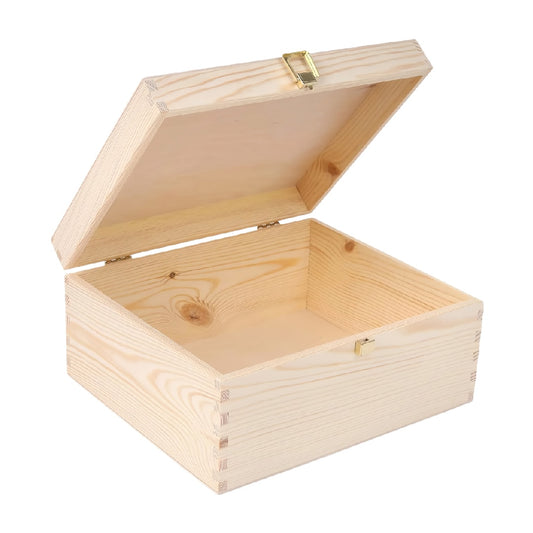 Solid Wood Storage Box with Hinged Lid and Metal Latch, Natural Finish